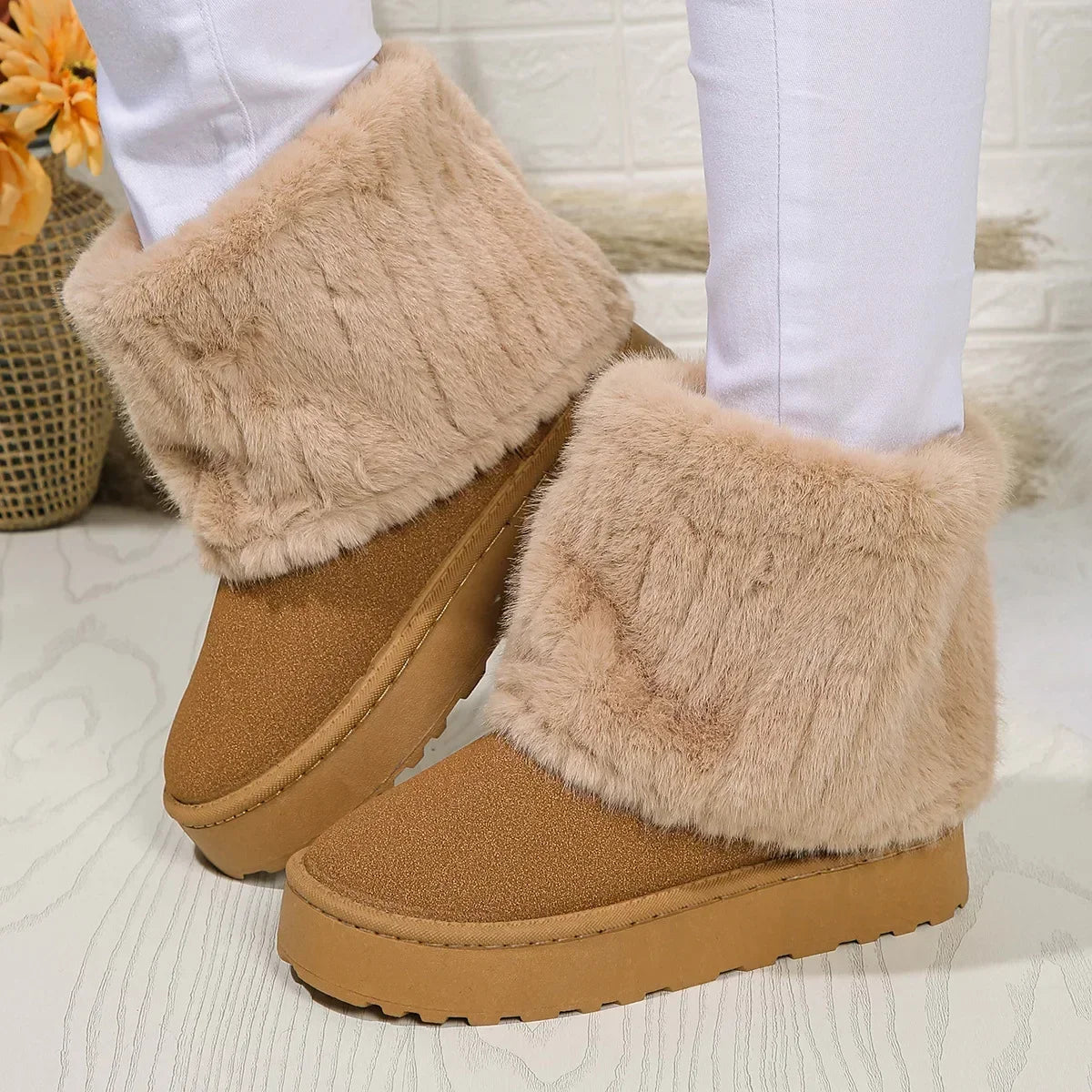 Women Boots Winter Suede Thermal Sleeves Keep Warm Mid-Calf Snow Boots Ladies Comfortable Platform Shoes Zapatos Mujer Size 44